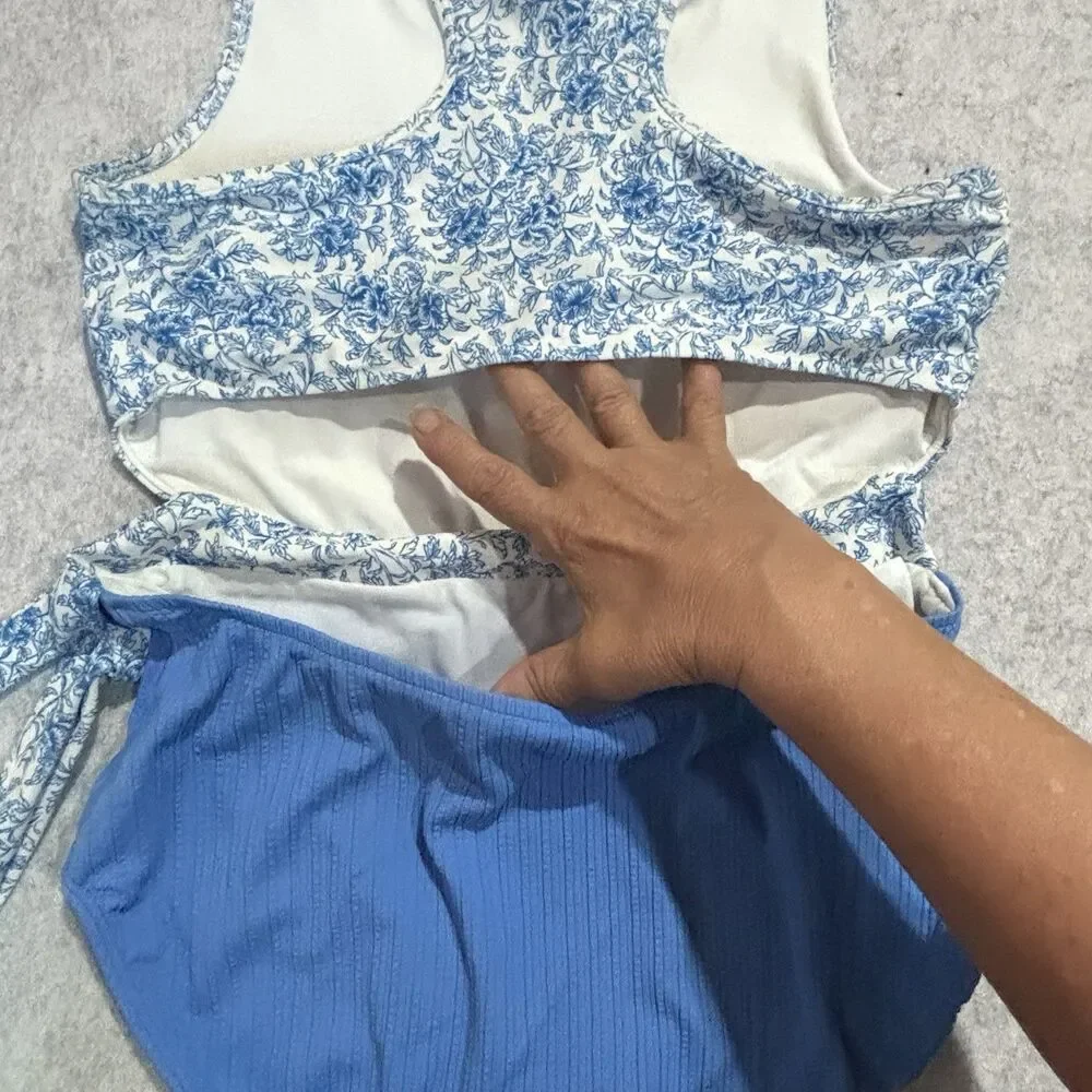 Albion 1 Pc Swimsuit Blue White Floral Tank Top Front Zipper Open Back Womens XL